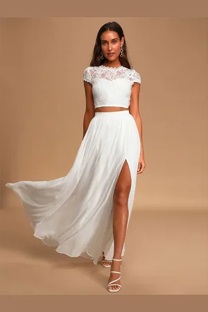 milanoo.com Abito da sposa in due pezzi in chiffon con scollo a V in pizzo con maniche corte lungo fino al pavimento