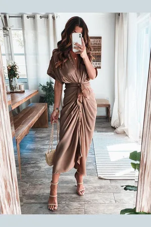 milanoo.com Maxi Dress Dress Turndown Collar 3/4 Lunghezza maniche in poliestere Casual Abito lungo asimmetrico