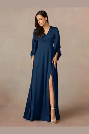 milanoo.com Abito per la madre con scollo a V e maniche a 3/4. Abiti da sposa a pieghe lunghi fino al pavimento