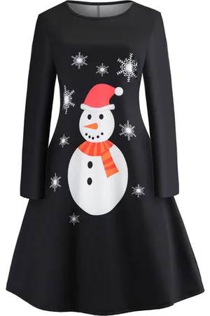 milanoo.com Vestiti Anni 50 donna con motivo natalizio a pieghe di poliestere maniche lunghe con scollo tondo lungo fino al ginocchio Inverno Autunno