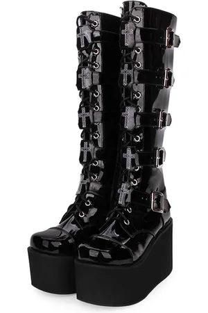 milanoo.com Stivali Lolita gotici Calzature Lolita nere con fibbia metallica con cerniera Gommino con lacci