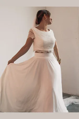 milanoo.com Abito da sposa in due pezzi collo gioiello linea ad A con bottoni a strascico maniche corte abito da sposa