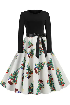 milanoo.com Vestiti Anni 50 con motivo natalizio Abiti donna maniche lunghe abiti anni 50 con scollo tondo di poliestere Inverno Autunno di retro