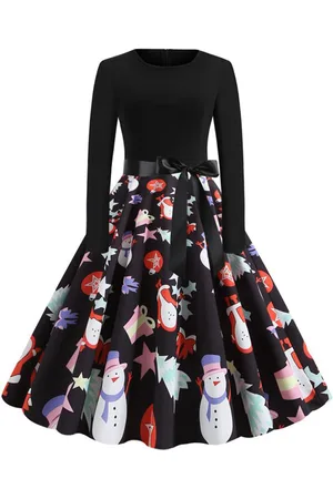 milanoo.com Vestiti Anni 50 con motivo natalizio donna maniche lunghe fiocchi con scollo tondo di poliestere lungo fino al ginocchio Inverno Autunno