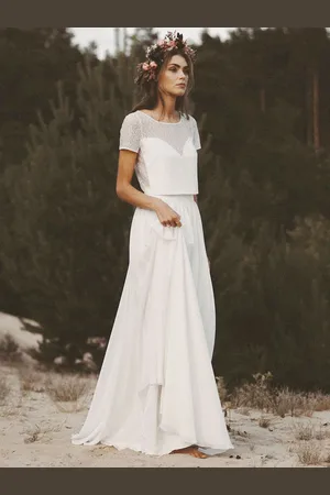 milanoo.com Abito da sposa avorio in due pezzi Abito da sposa in pizzo con collo gioiello A-Line Abito da sposa lungo fino al pavimento Maniche corte Personalizzazione gratuita