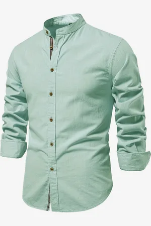 milanoo.com Camicia da uomo slim in cotone e lino casual monopetto tinta unita a maniche lunghe