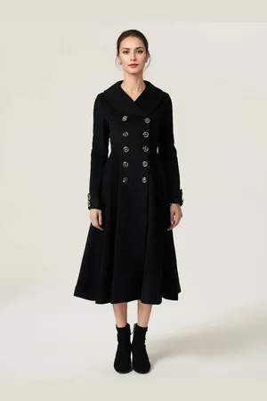 milanoo.com Cappotto svasato in lana per donna doppiopetto collo a scialle linea A vintage invernale midi 2025