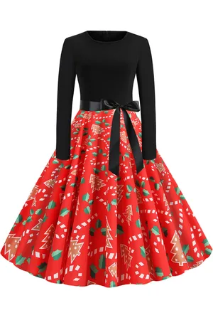 milanoo.com Vestiti Anni 50 con motivo natalizio Abiti donna maniche lunghe abiti anni 50 con scollo tondo di poliestere Autunno di retro