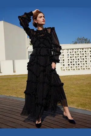 milanoo.com Abito con volant Illusion maniche lunghe collo alto maxi abiti da festa in tulle