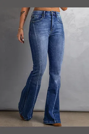 milanoo.com Pantaloni da giorno svasati da donna in jeans a vita alta con cerniera
