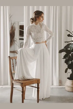 milanoo.com Abiti da sposa avorio in due pezzi in pizzo a trapezio con collo alto maniche lunghe lunghezza al pavimento