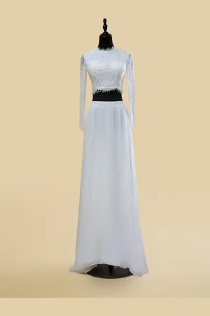 milanoo.com Abito da sposa in due pezzi in chiffon con scollo gioiello e strascico bottoni funzionali maniche lunghe lungo 20 cm avorio