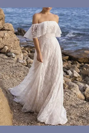 milanoo.com Abito da sposa Boho Pizzo Pizzo A-Line con strascico Vita naturale Senza spalline Cerniera Maniche corte Collo a barchetta Avorio