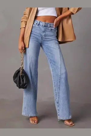 milanoo.com Jeans a gamba larga Pantaloni patchwork a vita alta con bottoni Pantaloni casual da donna