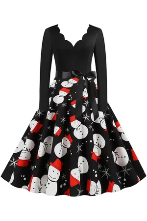 milanoo.com Vestiti Anni 50 con motivo natalizio Abiti donna maniche lunghe abiti anni 50 Scollatura di design di poliestere Inverno Autunno di retro