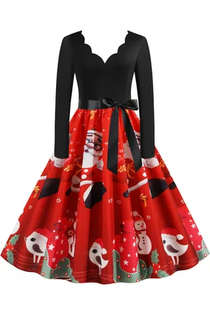 milanoo.com Vestiti Anni 50 con motivo natalizio Abiti donna maniche lunghe abiti anni 50 con scollo a V di poliestere Inverno Autunno di retro