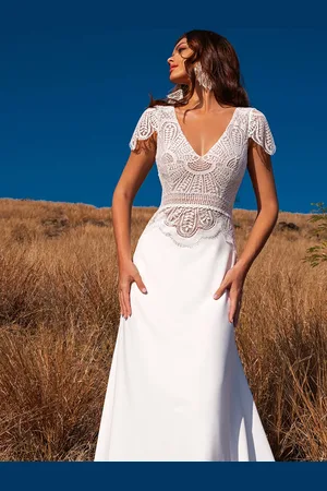 milanoo.com Abito da sposa boho in raso in pizzo a trapezio con vita alta senza schienale maniche corte scollo a V