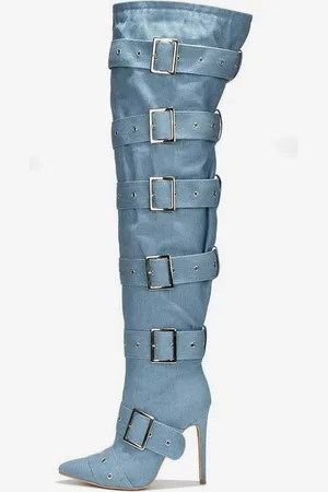 milanoo.com Stivali sopra il ginocchio Stivali sopra il ginocchio da donna blu cielo chiaro con fibbia in poliestere e tacco a spillo