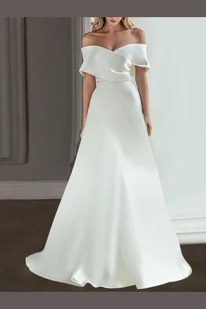 milanoo.com Abiti da sposa vintage Off-the Shoulder Shortes Natural Waist Tessuto in raso con abito da sposa del treno
