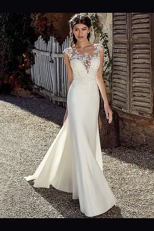 milanoo.com Abito da sposa sirena semplice in chiffon con scollatura a illusione senza maniche strascico corto applicazioni tubino personalizzazione gratuita