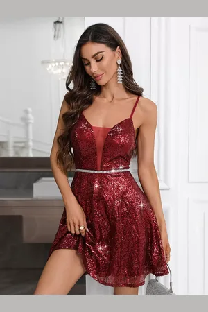 milanoo.com Abiti da festa Borgogna Spalline Collo Paillettes Senza maniche Trasparente Abito semi formale