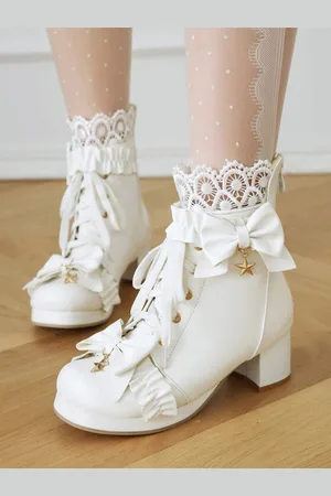 milanoo.com Stivali Sweet Lolita bianchi con punta rotonda in pelle PU Calzature Lolita