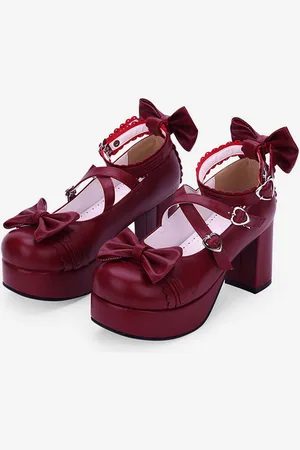 milanoo.com Sweet Lolita Shoes Bow Strappy Platform Chunky Heel Burgundy Lolita Calzature