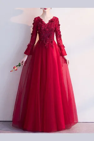 milanoo.com Abito da ballo Borgogna con scollo a V A-Line Maniche lunghe Perline Abiti da sposa in tulle di pizzo con lacci