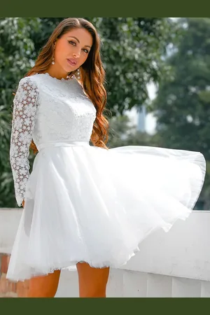 milanoo.com Abito da sposa corto con scollo tondo di pizzo maniche lunghe Abiti da sposa