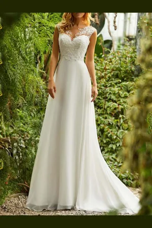 milanoo.com Abiti da Sposa Semplici 2025 Chiffon A Line Scollo a V Senza Maniche in Pizzo Perline Abiti da Sposa con Strascico