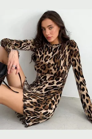 milanoo.com Abiti aderenti Leopardo Stampa leopardo Maniche lunghe Elegante abito tubino con scollo a gioiello Abito tubino