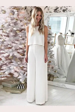 milanoo.com Set da sposa in due pezzi color avorio lunghezza pavimento linea ad A scollo a V senza maniche personalizzazione gratuita