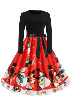 milanoo.com Vestiti Anni 50 con motivo natalizio Abiti donna maniche lunghe abiti anni 50 Rosso con scollo tondo di poliestere Inverno Autunno di retro