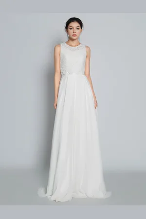 milanoo.com Abito da sposa due pezzi Pizzo pieghettato Collo gioiello Due pezzi Spalline sottili fino al pavimento Cerniera Senza maniche