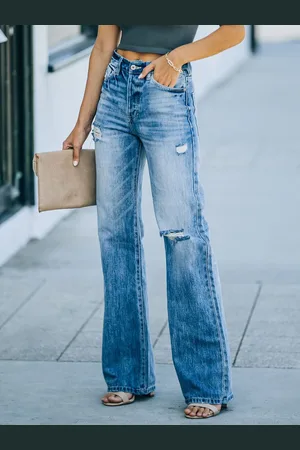milanoo.com Jeans dritti per donna Pantaloni a vita alta strappati primaverili 2025