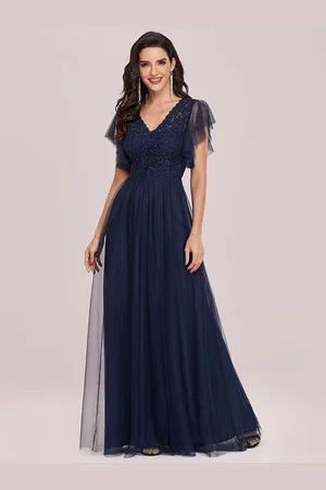 milanoo.com Abito da ballo A-Line con scollo a V Tulle Maniche corte Abiti da spettacolo lunghi fino al pavimento