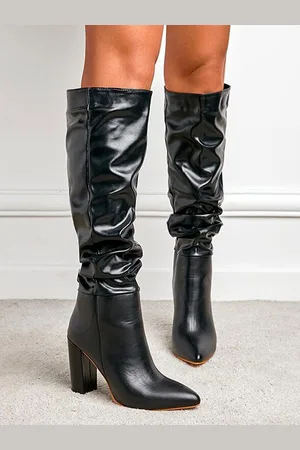 milanoo.com Stivali da donna Stivali da cowboy Stivali alti al ginocchio in pelle PU Stivali a punta e tacco grosso Stivali sexy