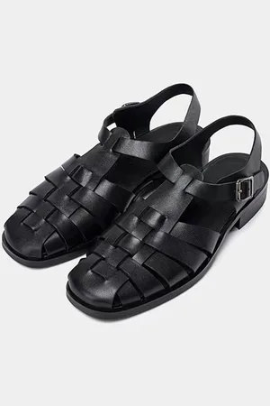 milanoo.com Sandali con punta chiusa in stile romano retrò fibbia vera pelle maglia scarpe da uomo estive