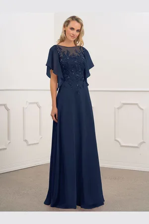 milanoo.com Abito da sposa per la madre collo a barca maniche corte linea ad A in chiffon con perline abiti lunghi da ospite di nozze blu scuro