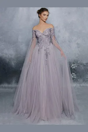 milanoo.com Abiti da ballo color A-Line Bateau Neck Maniche lunghe Tulle Abiti da cerimonia lunghi fino al pavimento Abiti da cerimonia per gli invitati