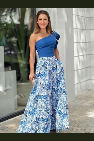 milanoo.com Set di due pezzi in poliestere blu con stampa floreale casual top estivo a maniche corte con una spalla a strati vestito bohémien per le donne
