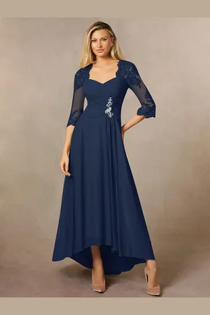 milanoo.com Abito da sposa per la madre con scollo a cuore e maniche a 3/4 abiti da ospite in pizzo a trapezio per matrimonio