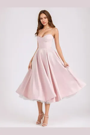 milanoo.com Abito midi con corsetto rosa e spalline a cuore con scollo a V abiti da festa di compleanno per le donne 2025