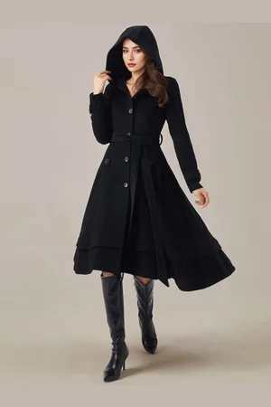 milanoo.com Cappotto svasato in lana per donna con cappuccio e cintura stile A vintage invernale midi 2025