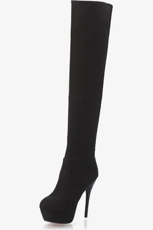 milanoo.com Stivali sopra il ginocchio con plateau Stivali alti alla coscia da donna in tessuto elastico con punta tonda e tacco a spillo