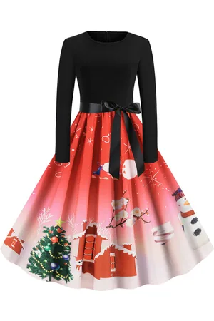 milanoo.com Vestiti Anni 50 con motivo natalizio Abiti donna maniche lunghe abiti anni 50 con scollo tondo di poliestere Inverno Autunno di retro