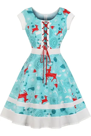 milanoo.com Abito vintage vintage a maniche corte girocollo con lacci e abito lungo con stampa natalizia