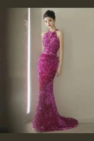 milanoo.com Abiti da Sera con scollo tondo in tessuto con lustrini a sirena Zip a terra smanicato Abiti per occasione