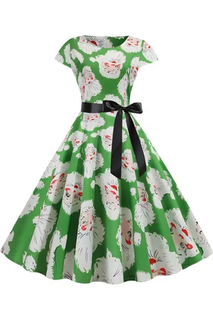 milanoo.com Vestiti Anni 50 con motivo natalizio Abiti donna maniche corte abiti anni 50 Verde chiaro di poliestere Estate Autunno di retro