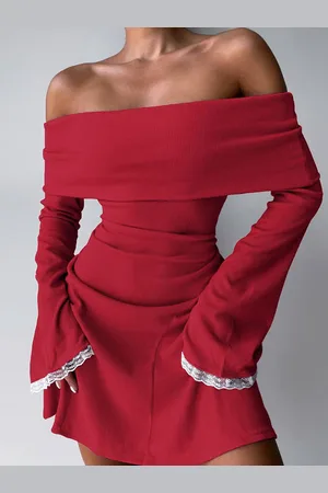 milanoo.com Abiti aderenti Abito tubino elegante a maniche lunghe in pizzo rosso con scollo a barca